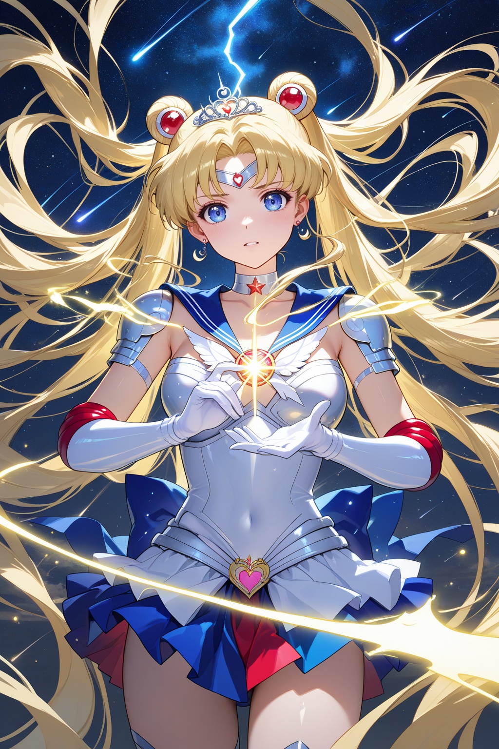 Captivating image of Sailor Moon posing victoriously amidst a vibrant,  starry night sky,  with a streak of lightning illu...