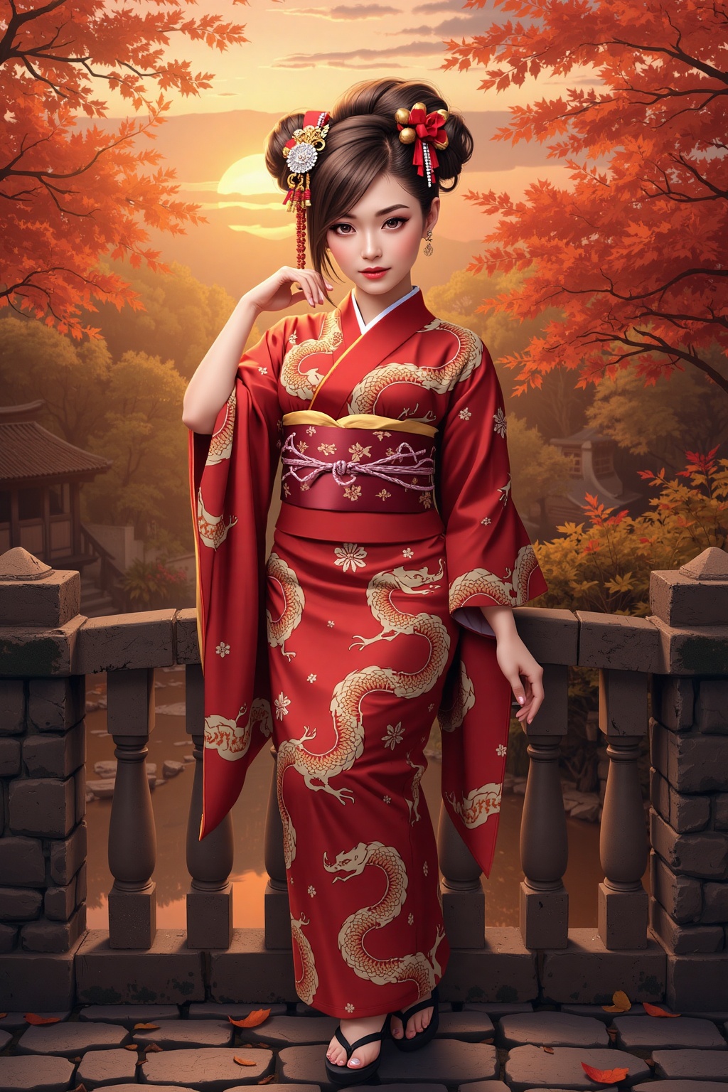 Anime Style,  1girl,  dressed in a fiery red kimono with intricate dragon patterns. She stands confidently on a stone brid...
