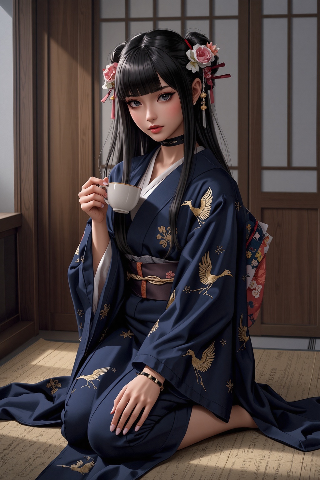 Anime Style,  1girl,  wearing a deep blue Japanese kimono with golden crane embroidery. She is sitting on a tatami mat in...