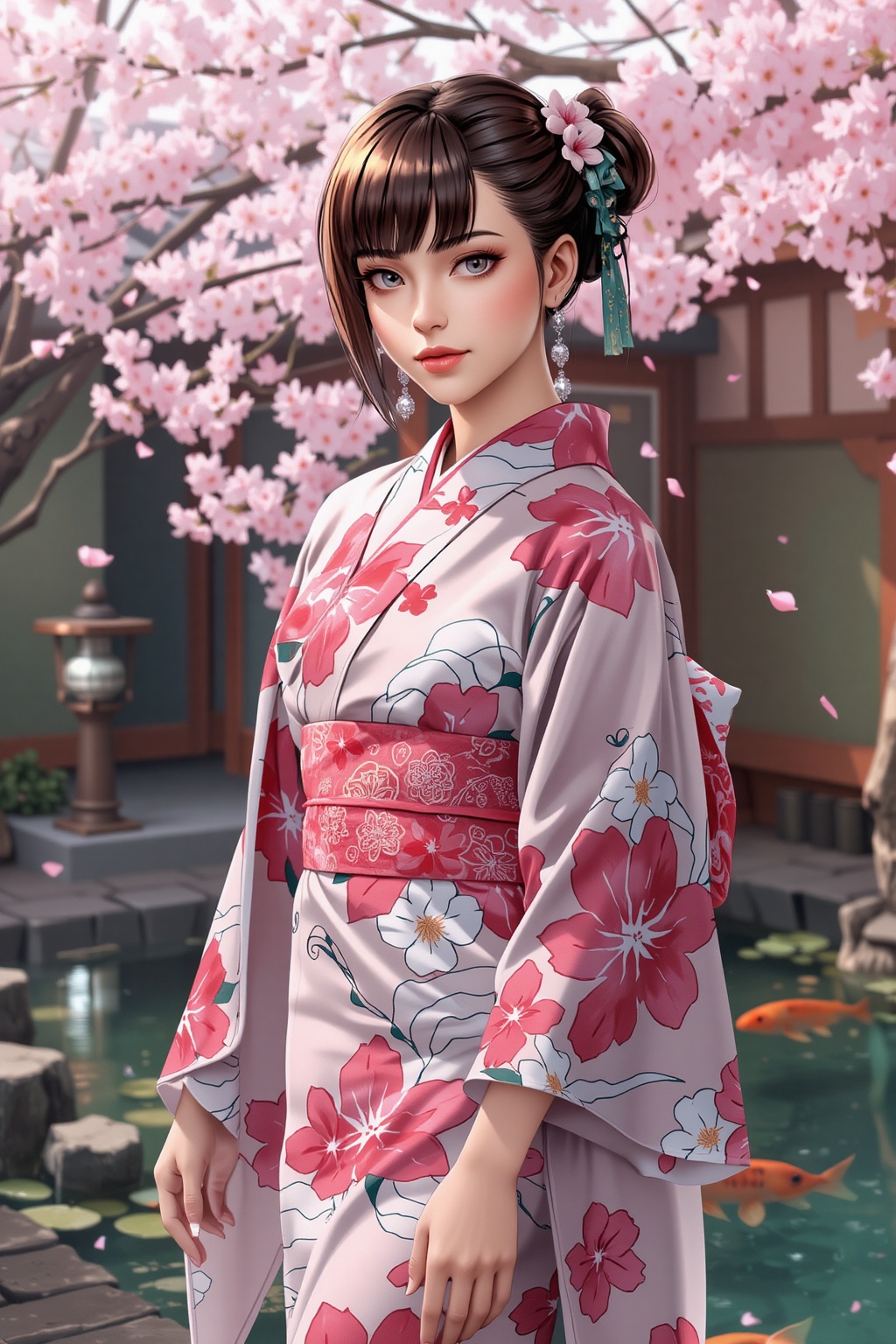 Anime Style,  1girl,  wearing a traditional Japanese kimono with vibrant sakura patterns in shades of pink and white. She...