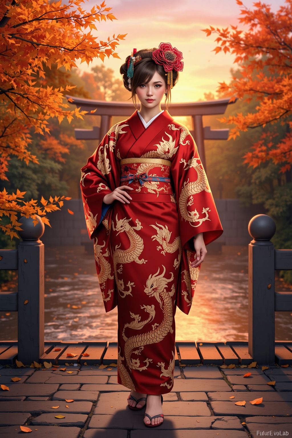 Anime Style,  1girl,  dressed in a fiery red kimono with intricate dragon patterns. She stands confidently on a stone brid...