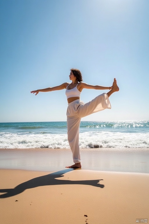 the splits (move in dancing)
Captured at eye-level on a sunny day
a woman stands on a sandy beach,the splits (move in dancing)


