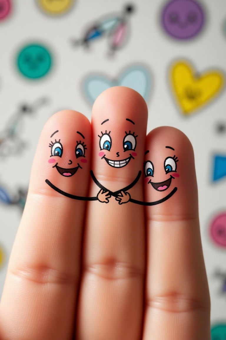 A cartoonish character drawn on each of three fingers,  each with a happy and friendly expression,  hugging together on Te...