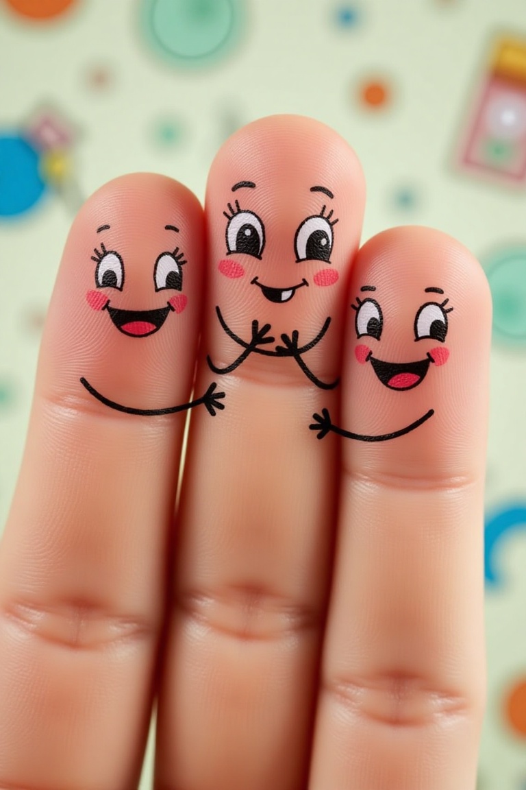 A cartoonish character drawn on each of three fingers,  each with a happy and friendly expression,  hugging together on Te...