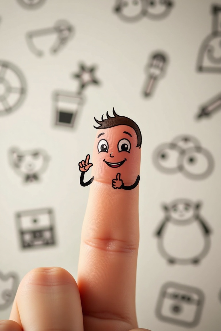 A cute cartoon character drawn on a finger,  cheeky smile,  one finger showing a charming and handsome expression on Tenso...