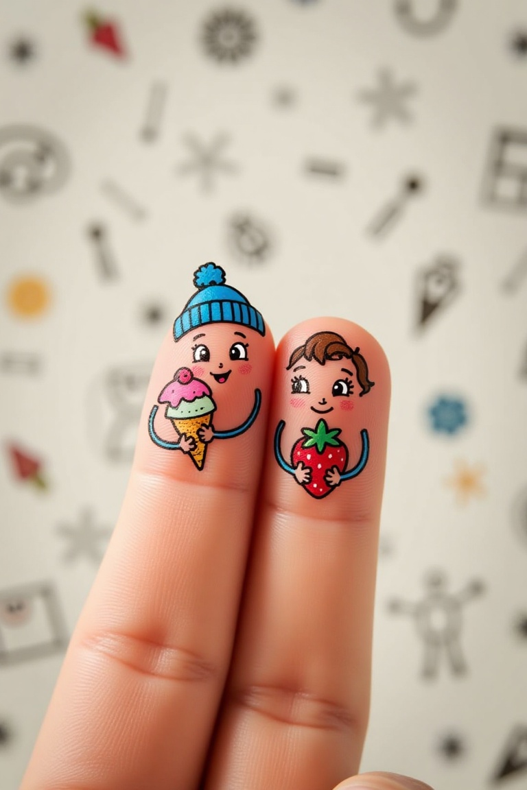 A cartoonish character drawn on each of two fingers,  one wearing a beanie and holding an ice cream cone,  the other holdi...