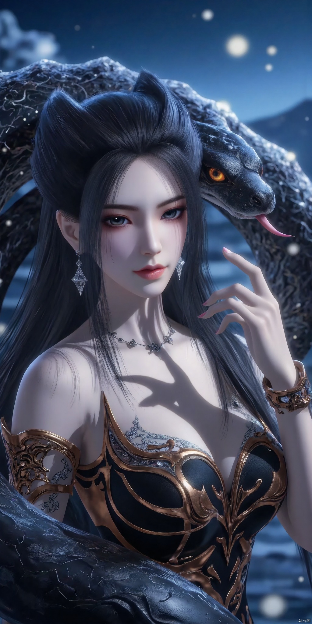 A mysterious woman, adorned with exquisite jewelry and gorgeous attire, is a huge snake. The snake's body is very large, and its length may exceed the height of a woman, or even reach several times her height. The snake's head is large, showing a triangular shape, and its eyes are bright yellow or orange, very prominent and divine. The snake's tongue is forked, occasionally protruding from its mouth, giving a sense of alertness and mystery. Interacting with female characters, it wraps around her body. The snake's body is coiled, forming a protective circle that surrounds the woman in the middle. The woman's hand gently rests on the snake's head or body, demonstrating her trust and intimacy towards the snake. A fantasy style long dress with intricate embroidery or sequin decorations, necklaces, earrings, and bracelets, beautifully designed with pearls and gemstones, surreal scenes, mists, and soft tones to enhance the mysterious and dreamy atmosphere. The delicate skin texture, smooth and shiny, and smooth long hair, with a gentle breeze blowing, create a dynamic effect. The sparkling eyes convey the character's wisdom and strength.