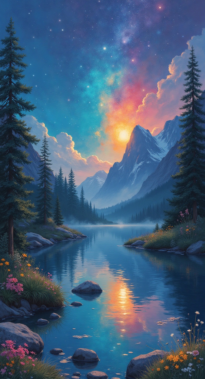 Morning watercolor,  Highland Lake,  Magical fairy tale on Tensor.Art