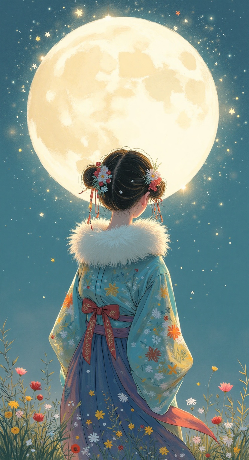 Create a detailed and enchanting image of a beautiful,  round moon in the style of Asian art,  radiating a soft on Tensor.Art