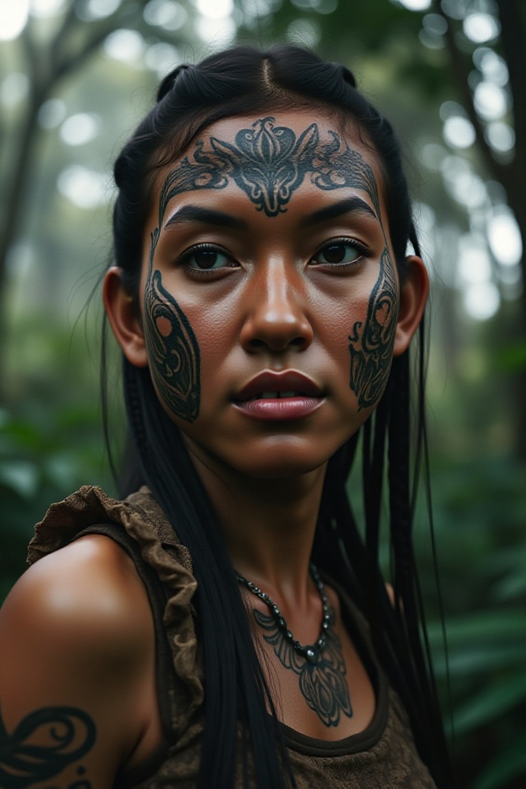 Create a super-realistic portrait in a high-definition film photography style. The subject is a tribal Malay woman with ho...