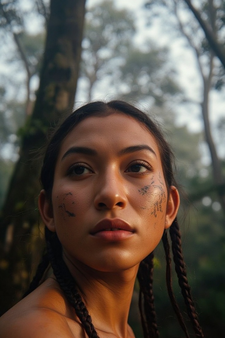Prompt: Create a super-realistic portrait in a high-definition film photography style. The subject is a tribal Malay woman...