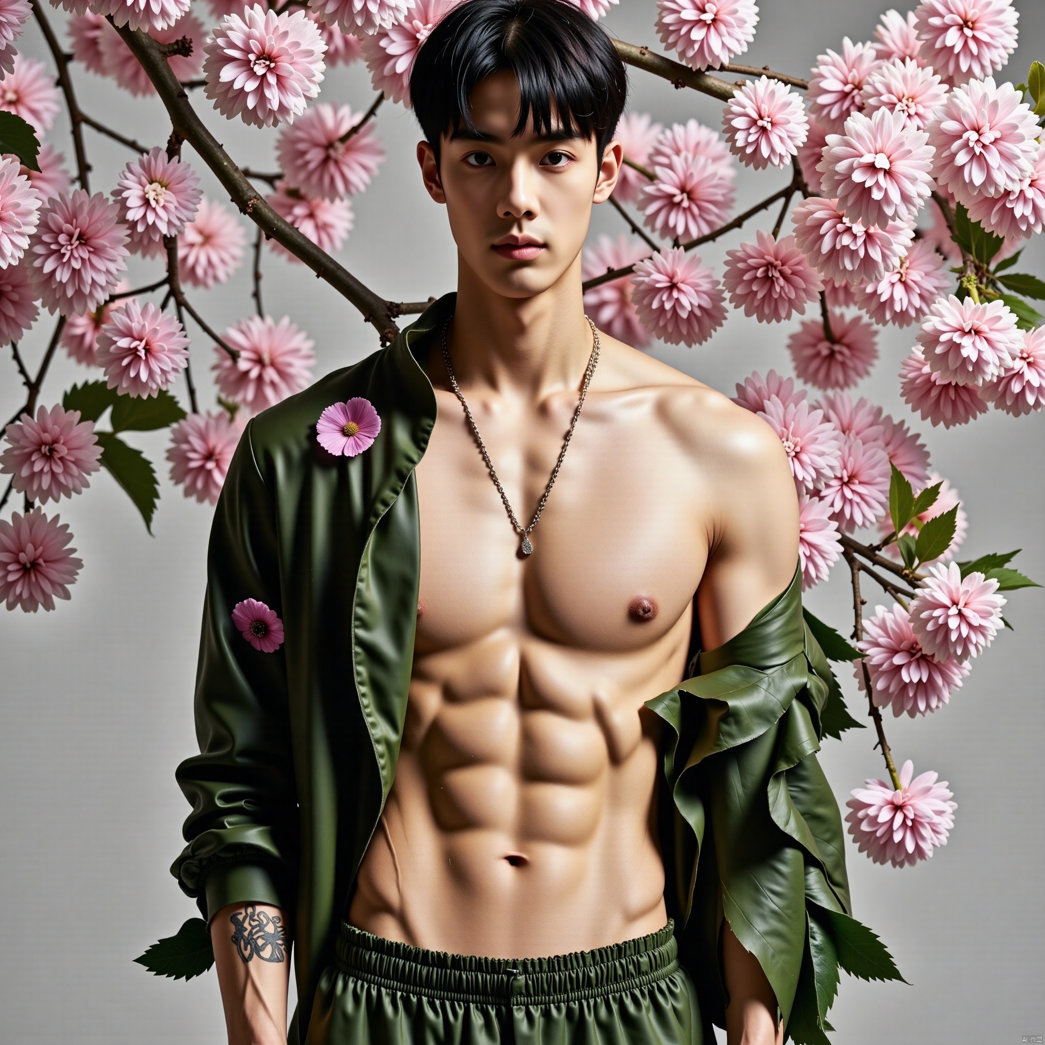 A dramatic solo portrait of a muscular male with short,  black hair. He stands confidently,  his closed eyes and subtle sm...
