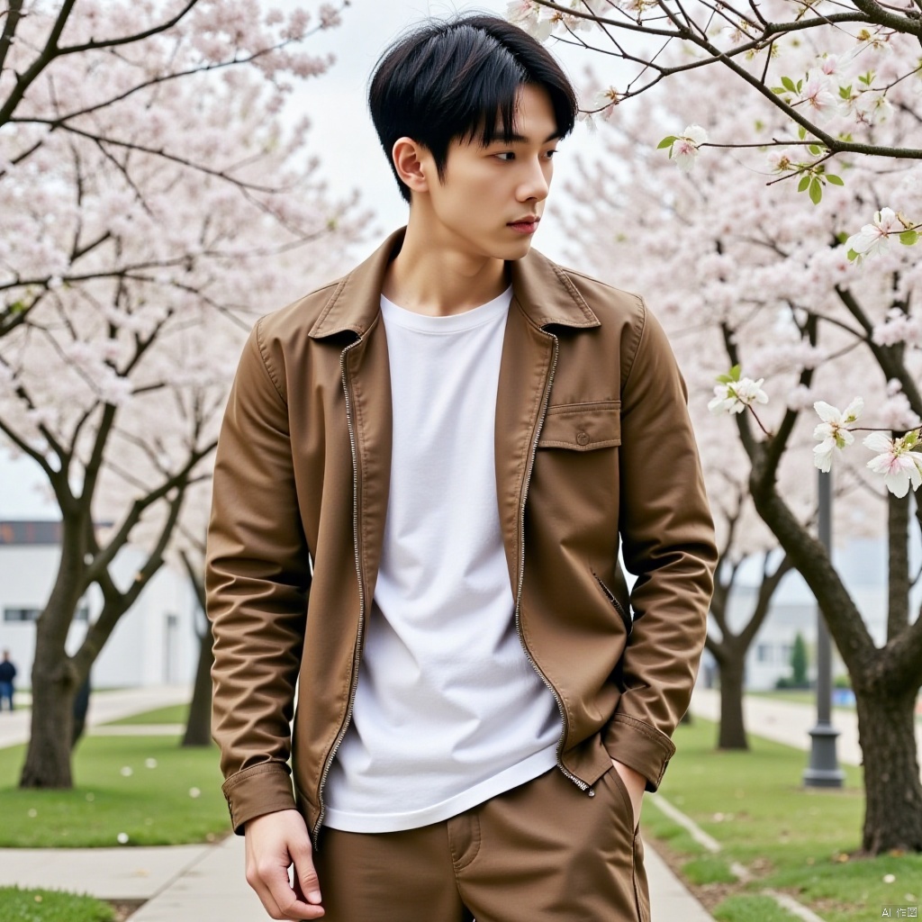 a medium-sized Asian man stands in front of a backdrop of cherry blossom trees. He is dressed in a brown jacket, a white t-shirt, and a pair of brown pants. His hair is short and dark, and his eyes are closed. His lips are slightly parted, as if he is looking to the left. The backdrop is blurred, and the trees are adorned with white flowers, adding a touch of color to the scene.