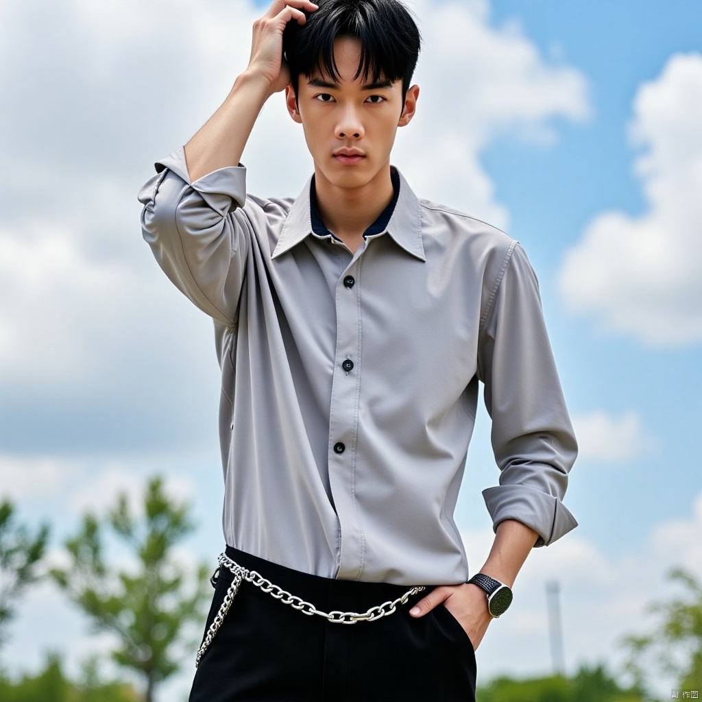 a man with black hair and blue eyes. He is wearing a light gray button up shirt with a black collar and black pants. He also has a silver chain around his waist. His left hand is on his hip and his right hand is resting on his head. The background is blurred, but you can see trees and a blue sky with white clouds.