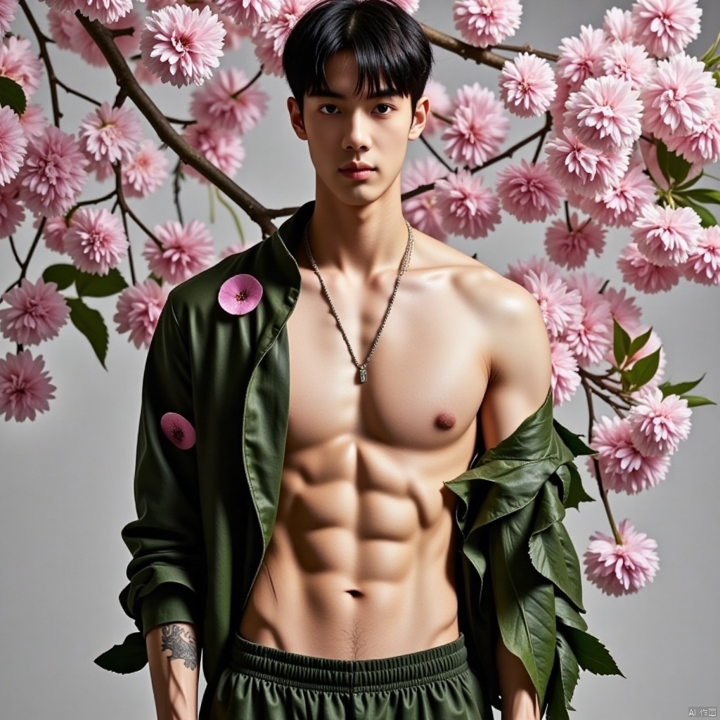 A dramatic solo portrait of a muscular male with short,  black hair. He stands confidently,  his closed eyes and subtle sm...