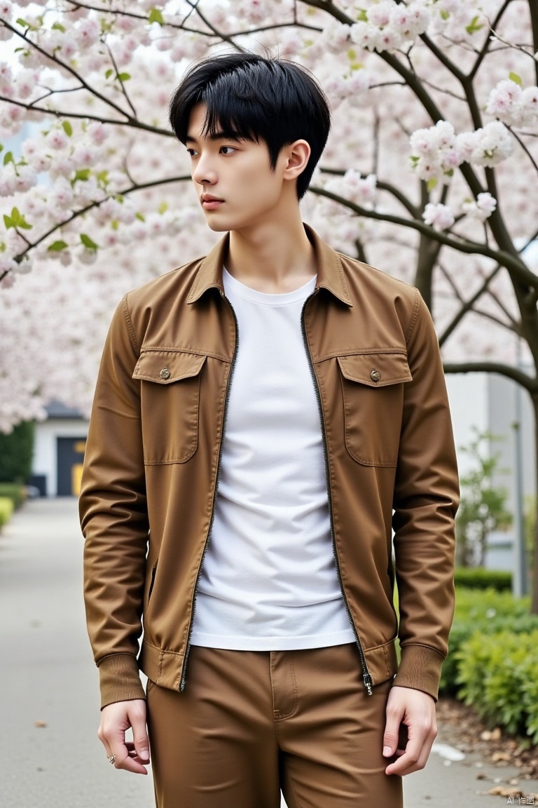 a medium-sized Asian man stands in front of a backdrop of cherry blossom trees. He is dressed in a brown jacket, a white t-shirt, and a pair of brown pants. His hair is short and dark, and his eyes are closed. His lips are slightly parted, as if he is looking to the left. The backdrop is blurred, and the trees are adorned with white flowers, adding a touch of color to the scene.