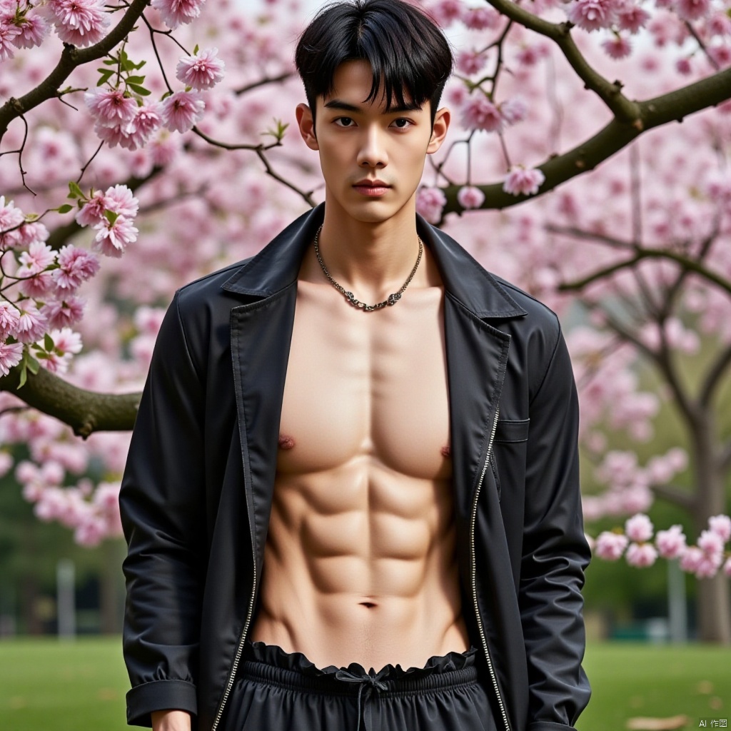 A dramatic solo portrait of a muscular male with short,  black hair. He stands confidently,  his closed eyes and subtle sm...