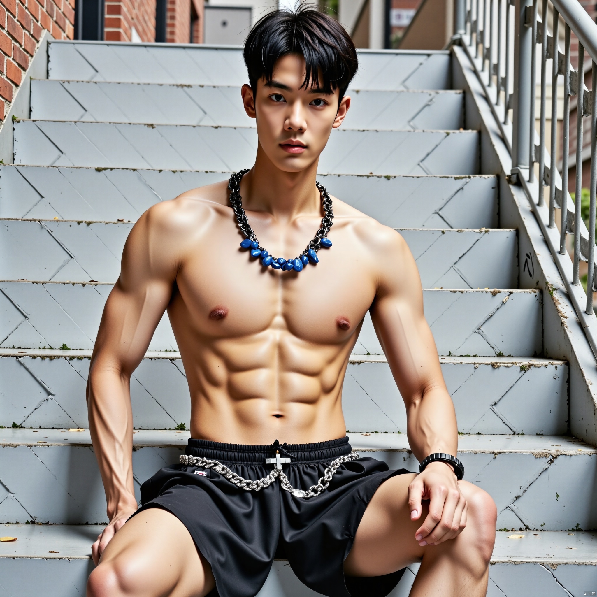 a young Asian man is seated on a set of stairs. He is dressed in a black pair of shorts,  adorned with a black and silver...