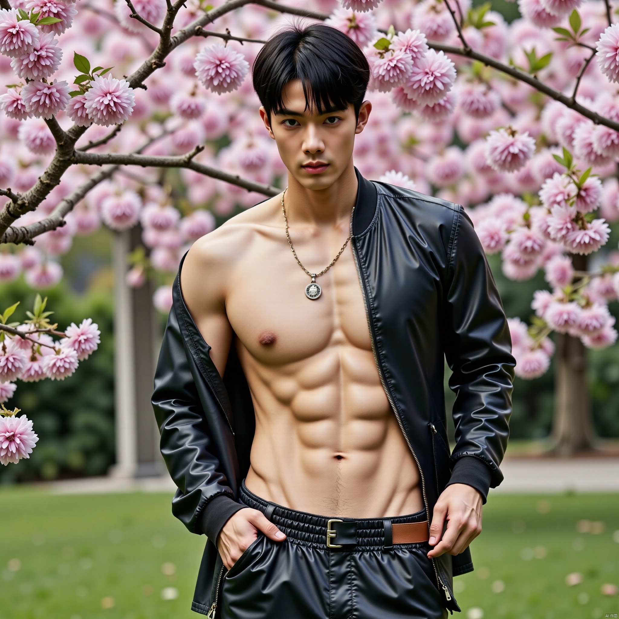A dramatic solo portrait of a muscular male with short,  black hair. He stands confidently,  his closed eyes and subtle sm...