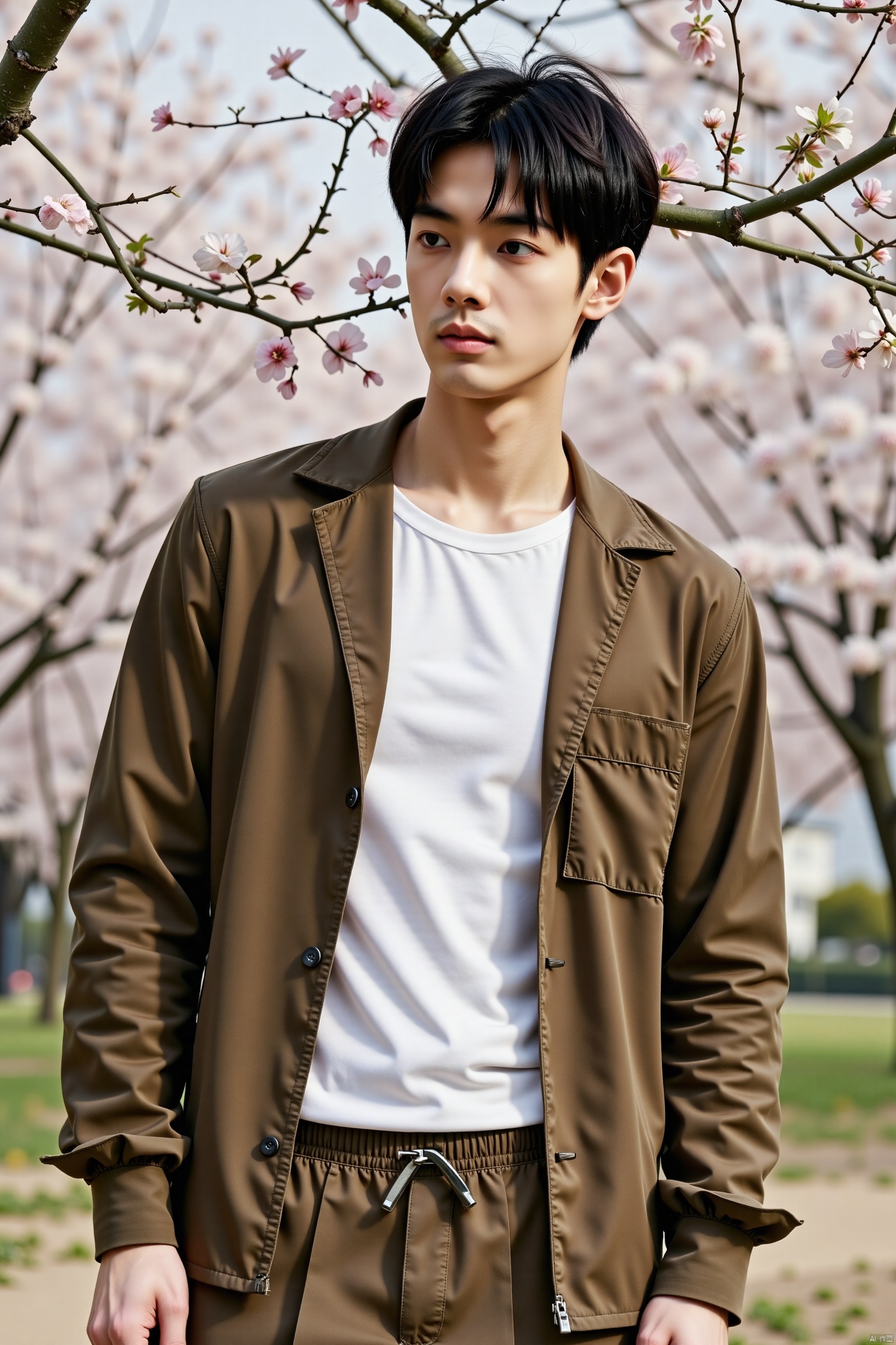 a medium-sized Asian man stands in front of a backdrop of cherry blossom trees. He is dressed in a brown jacket, a white t-shirt, and a pair of brown pants. His hair is short and dark, and his eyes are closed. His lips are slightly parted, as if he is looking to the left. The backdrop is blurred, and the trees are adorned with white flowers, adding a touch of color to the scene.