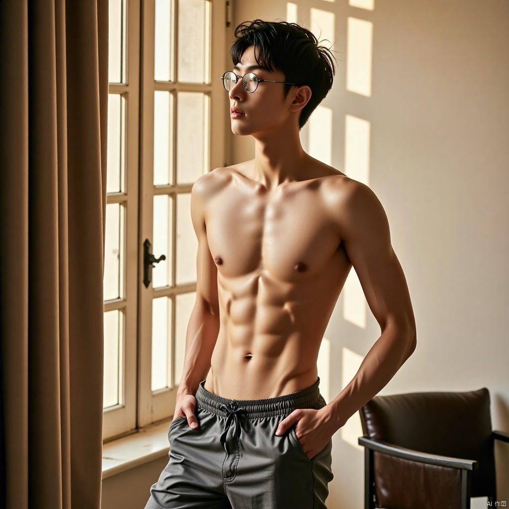 A solo,  muscular male wearing glasses stands with his back to the window,  closed eyes gazing upwards as warm sunlight il...