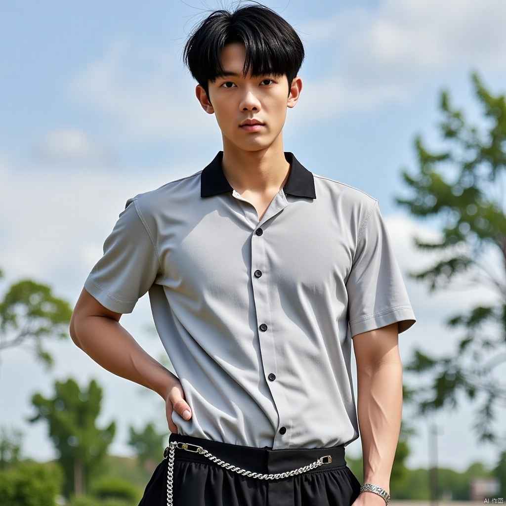 a man with black hair and blue eyes. He is wearing a light gray button up shirt with a black collar and black pants. He also has a silver chain around his waist. His left hand is on his hip and his right hand is resting on his head. The background is blurred, but you can see trees and a blue sky with white clouds.