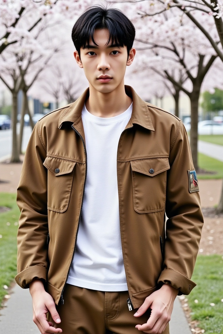 a medium-sized Asian man stands in front of a backdrop of cherry blossom trees. He is dressed in a brown jacket, a white t-shirt, and a pair of brown pants. His hair is short and dark, and his eyes are closed. His lips are slightly parted, as if he is looking to the left. The backdrop is blurred, and the trees are adorned with white flowers, adding a touch of color to the scene.