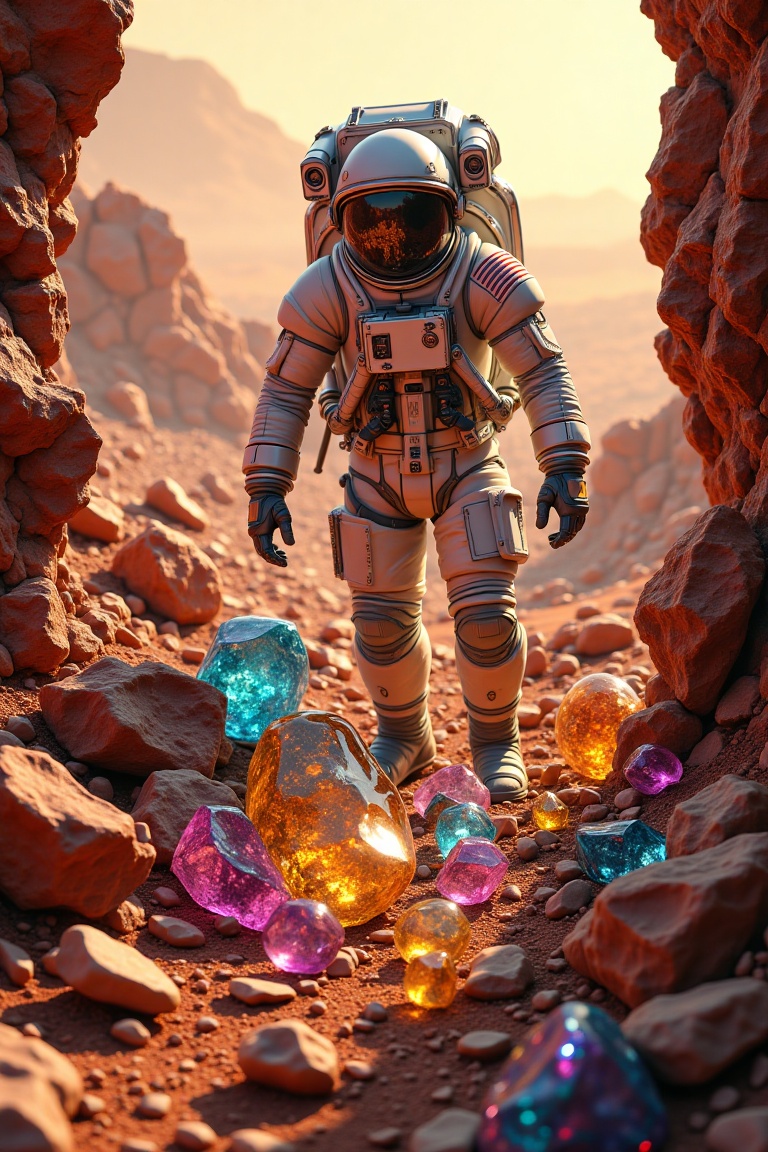 A realistic depiction of an astronaut on Mars discovering a damaged terminator covered in beautiful,  gemstone-like rocks....