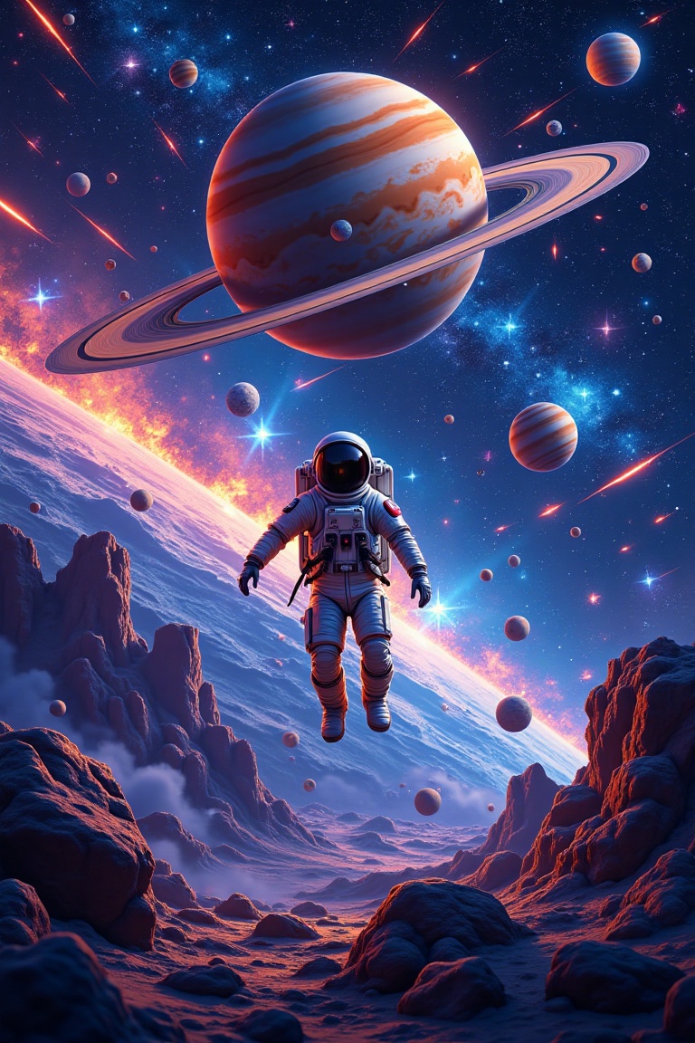 A realcartoon-style illustration of an astronaut floating in space,  surrounded by a meteor shower and the majestic rings...