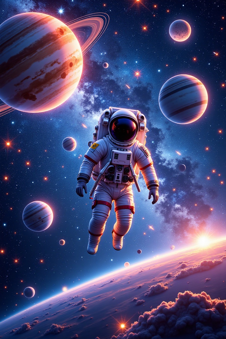 A realcartoon-style illustration of an astronaut floating in space,  surrounded by a meteor shower and the majestic rings...