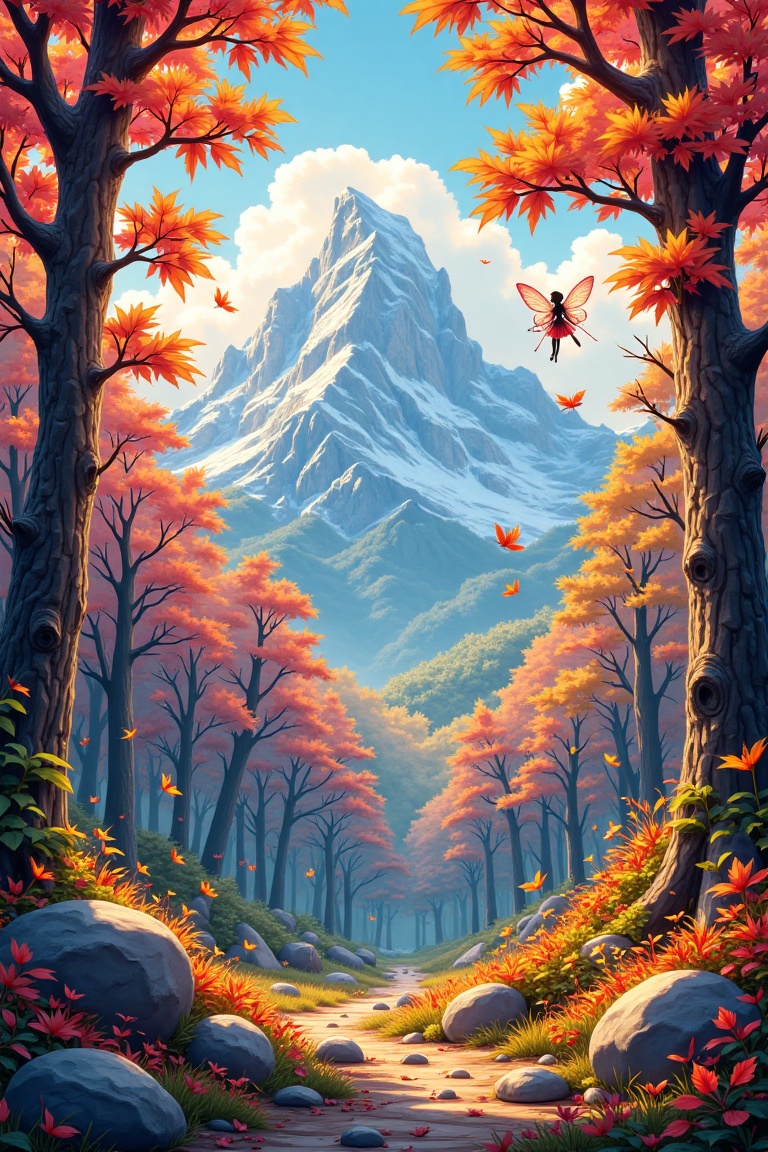 A vibrant realcartoon scene featuring a beautiful autumn forest with colorful leaves and stones. A majestic mountain looms...
