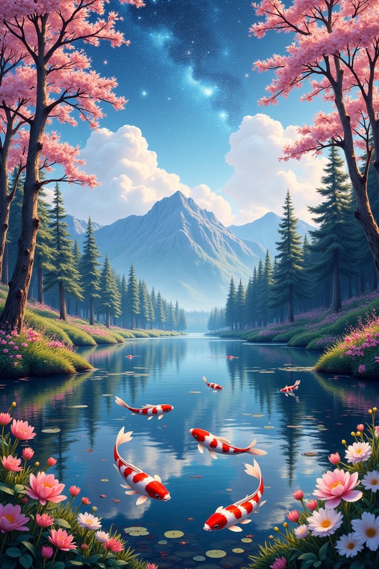 Anime-style illustration of a serene forest with a crystal-clear lake at its center. Colorful koi fish swim beneath the su...