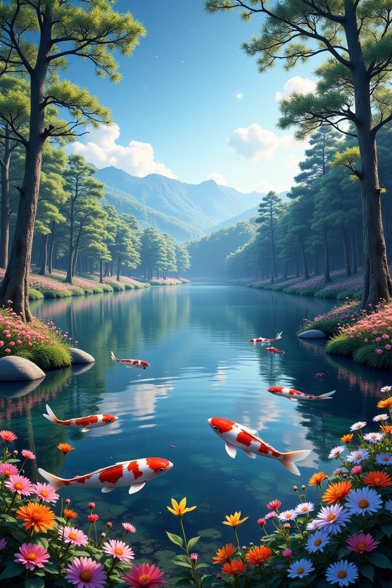 A realistic scene in a dense forest,  a serene lake reflecting the sky and distant mountains. Koi fish swim gracefully ben...