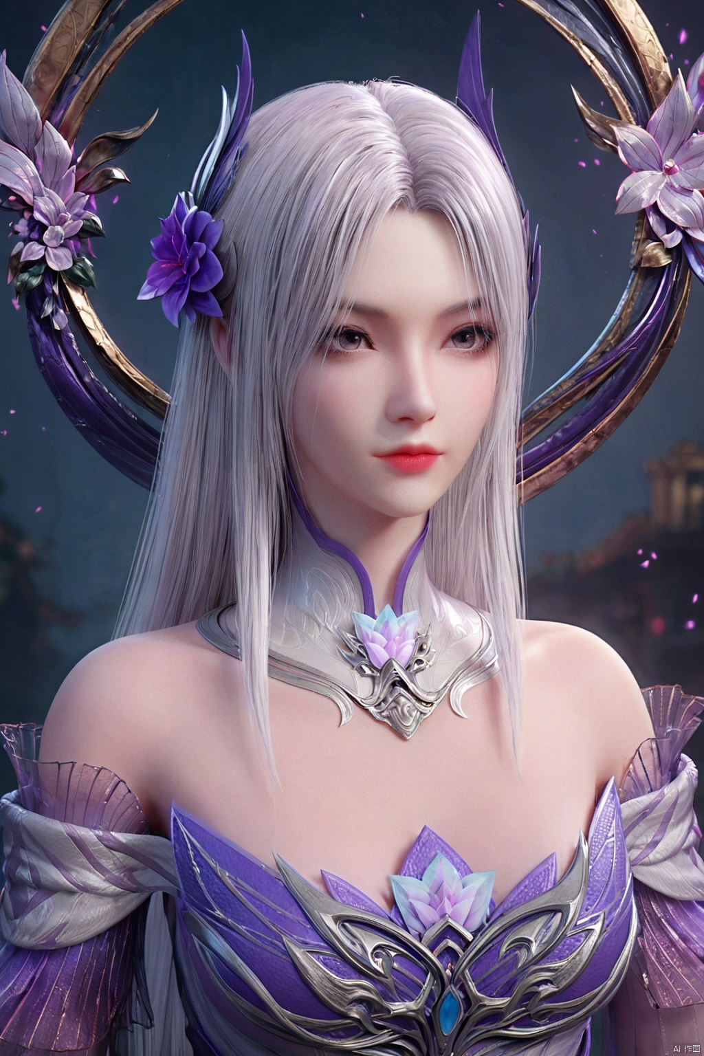 score_9,score_8_up,(Clear lines, high definition, Best quality, Very detailed, masterpiece, 4K),1girl, solo, long hair, hair ornament, dress, bare shoulders, upper body, flower, white hair, detached collar, red lips,XYX