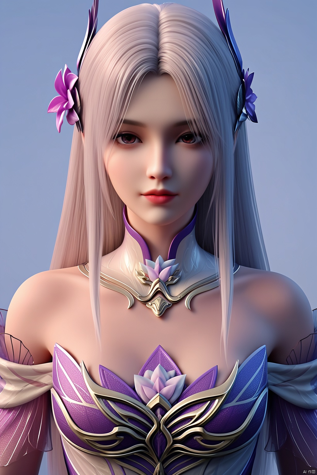score_9,score_8_up,(Clear lines, high definition, Best quality, Very detailed, masterpiece, 4K),1girl, solo, long hair, hair ornament, dress, bare shoulders, upper body, flower, white hair, detached collar, red lips,XYX