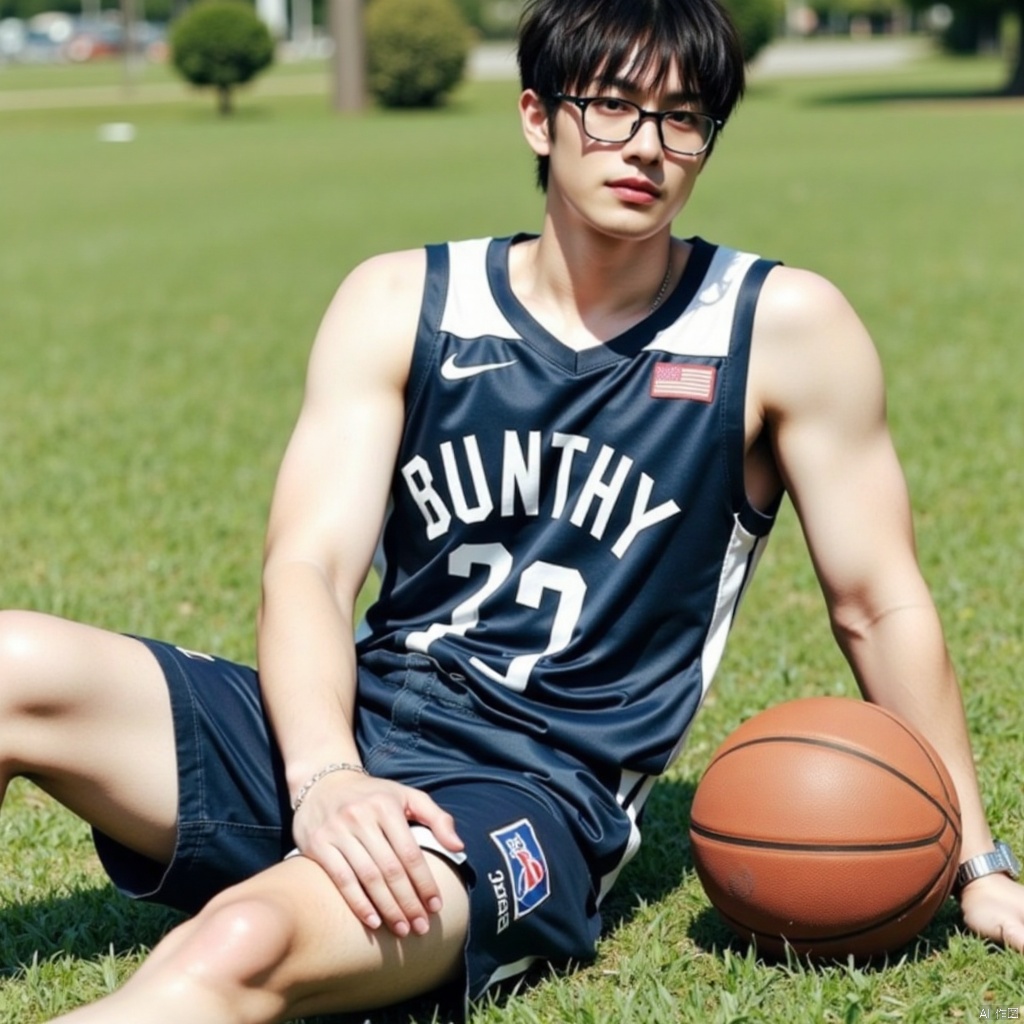 Boy wearing glasses and basketball uniform sitting on the ground, leaning back, very handsome, with basketball next to him, grass, sunshine, photo style, film style, dynamic perspective,KZH