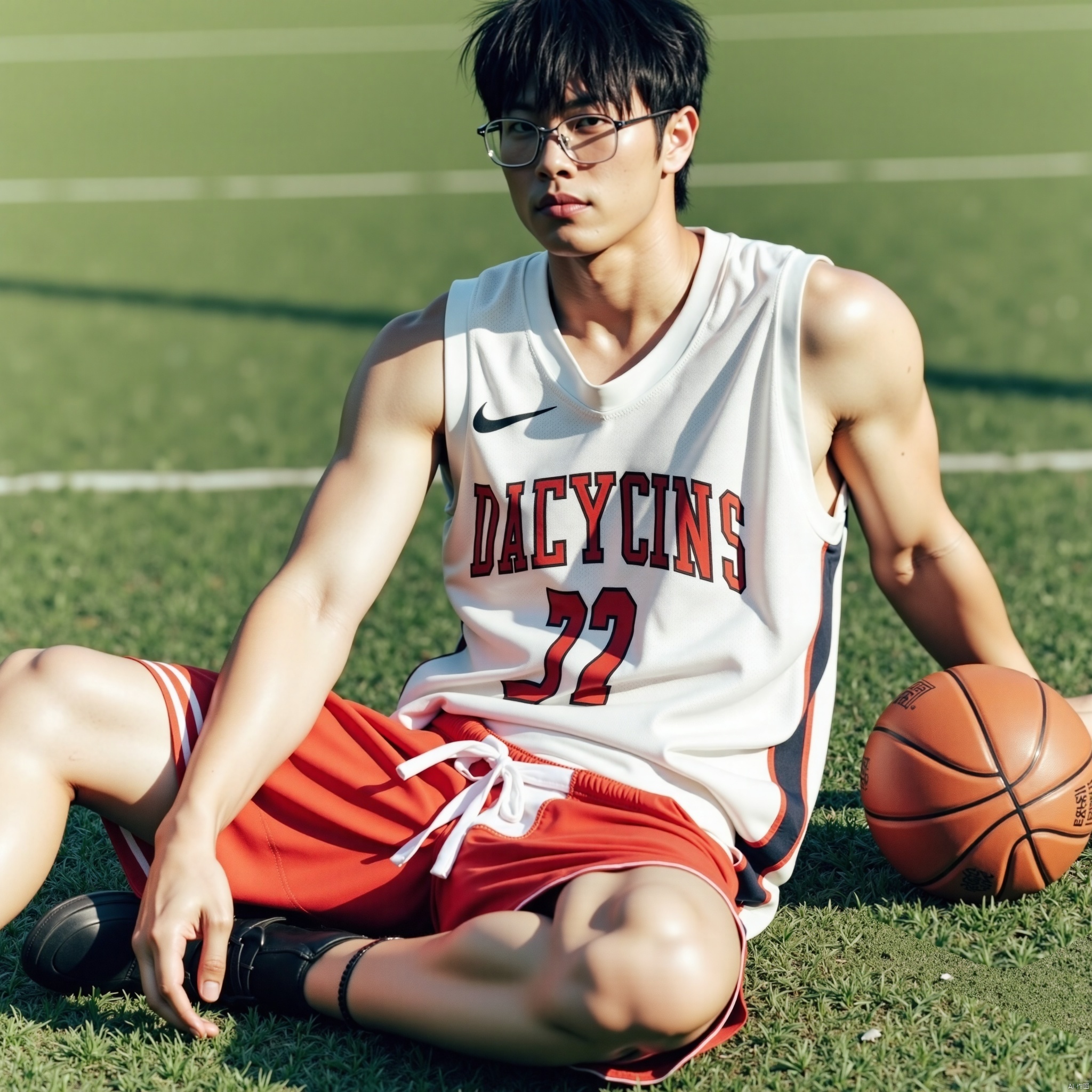 Boy wearing glasses and basketball uniform sitting on the ground, leaning back, very handsome, with basketball next to him, grass, sunshine, photo style, film style, dynamic perspective,KZH