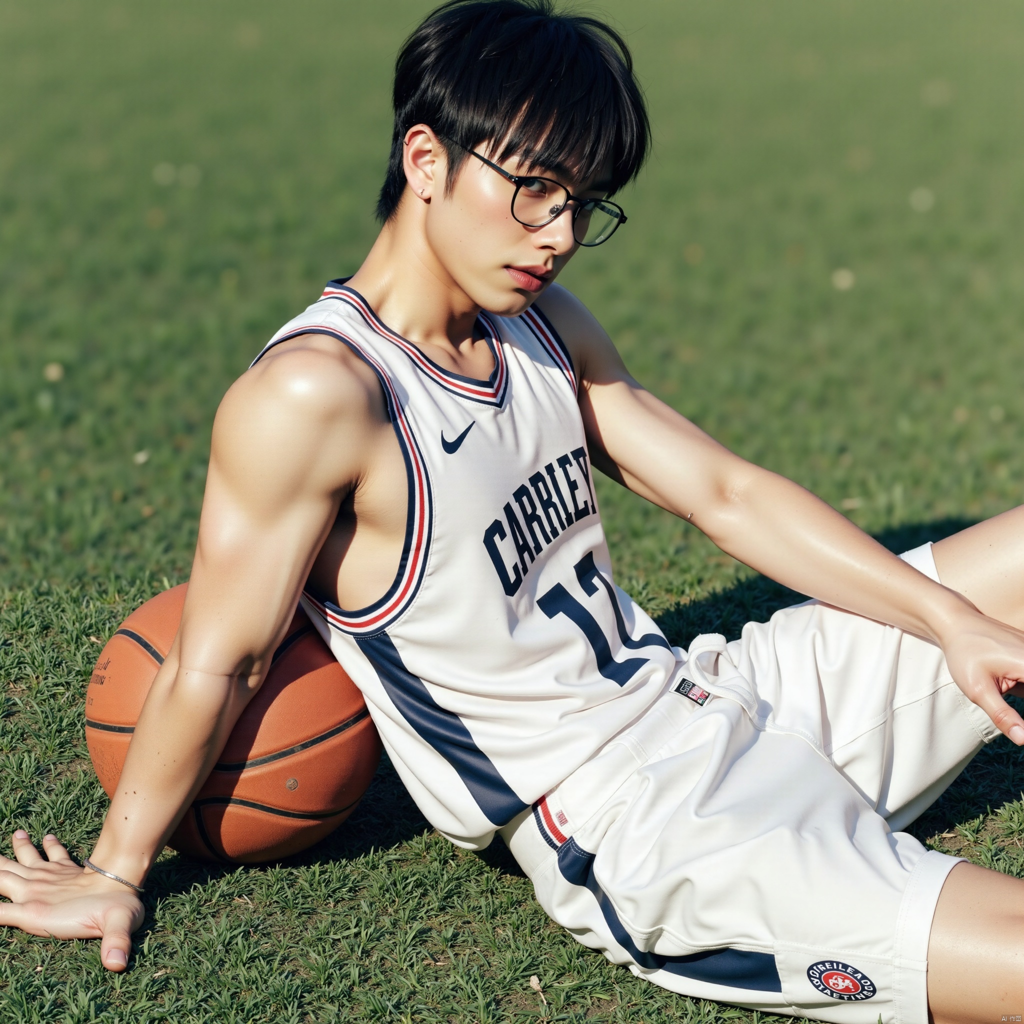 Boy wearing glasses and basketball uniform sitting on the ground, leaning back, very handsome, with basketball next to him, grass, sunshine, photo style, film style, dynamic perspective,KZH