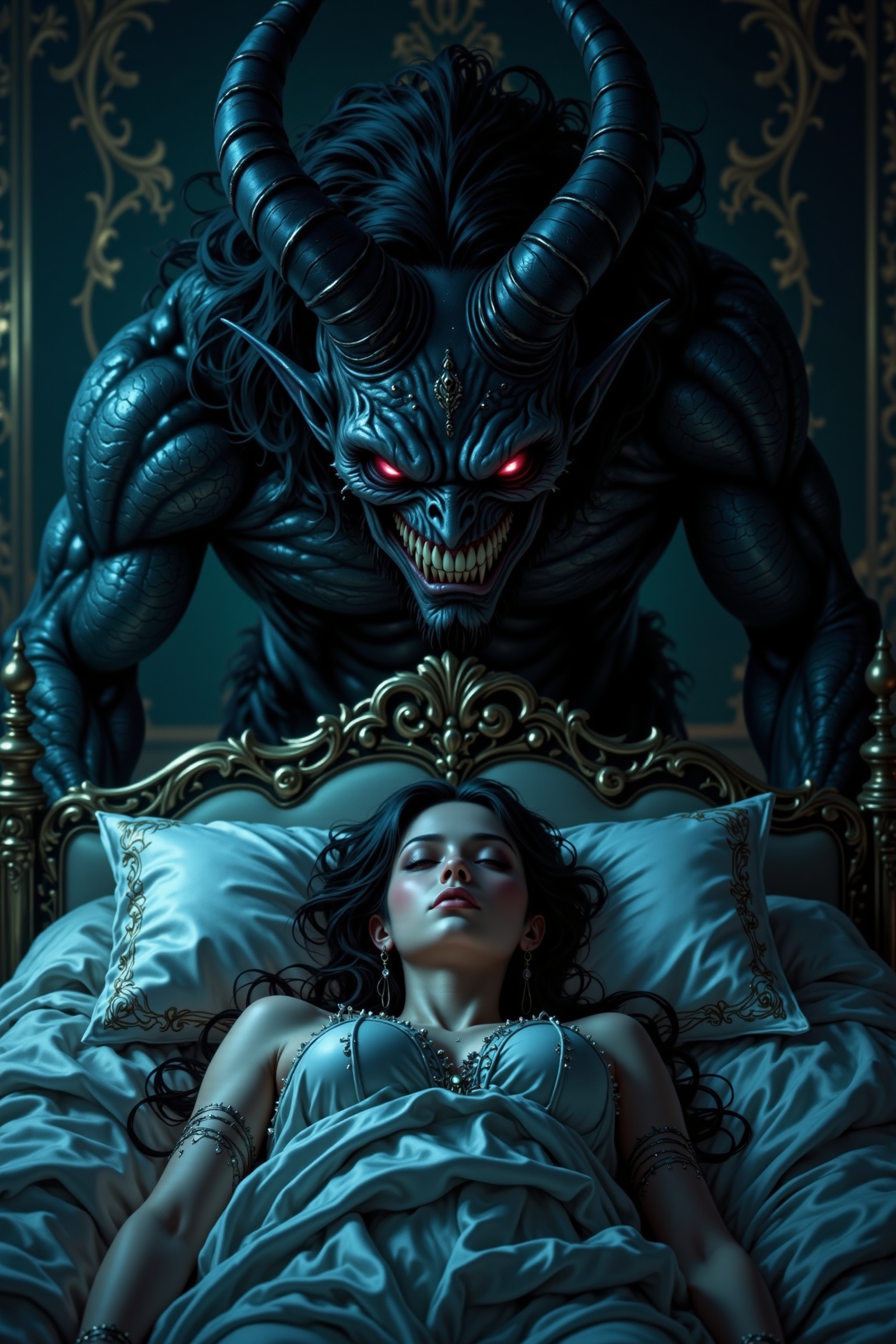 A dark,  eerie glow illuminates the dimly lit bedroom as a malevolent demon looms above the peaceful form of the sleeping...
