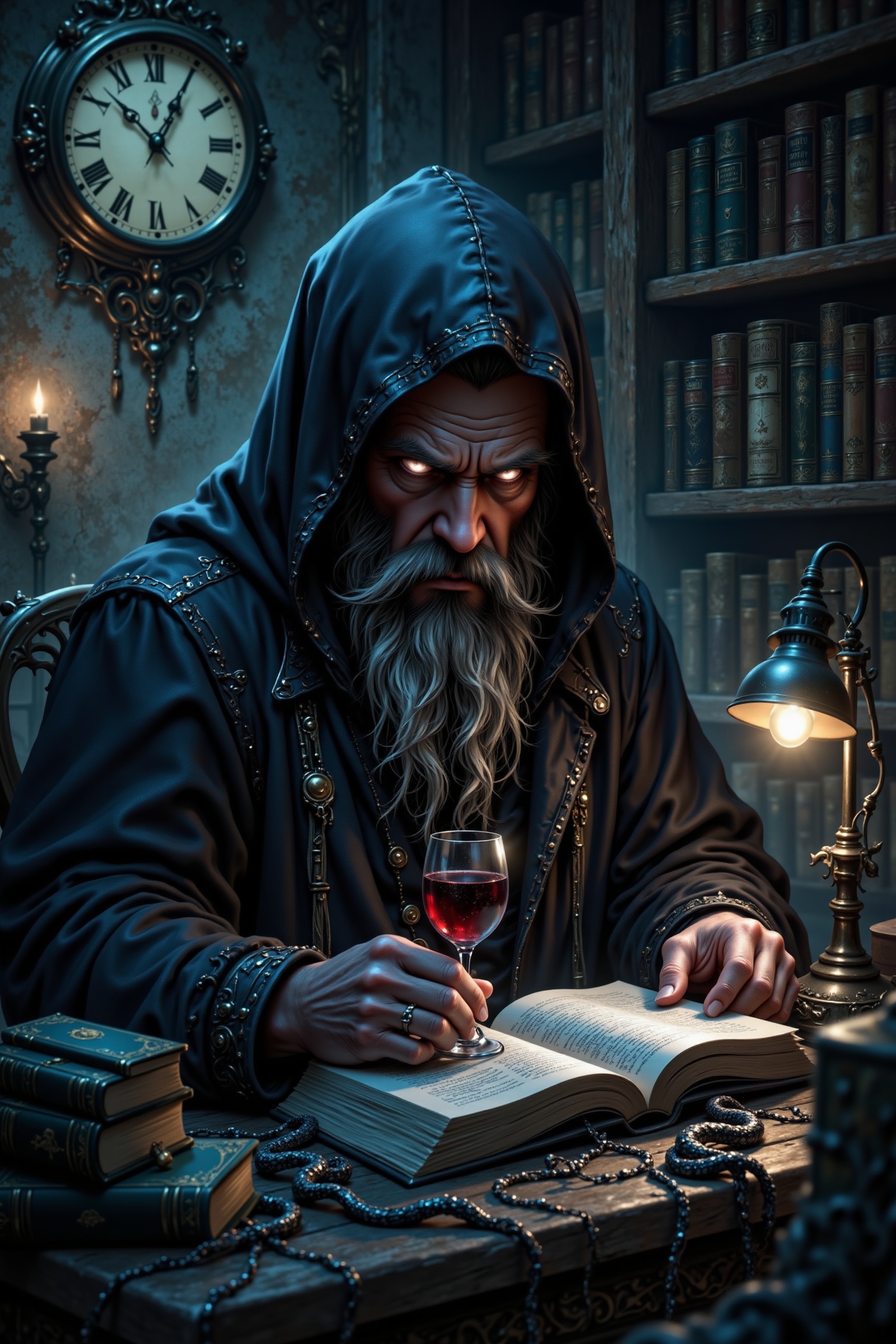 A dark and twisted tale unfolds: A grumpy bookworm with gleaming eyes sits amidst stacks of literature. The dimly lit room...
