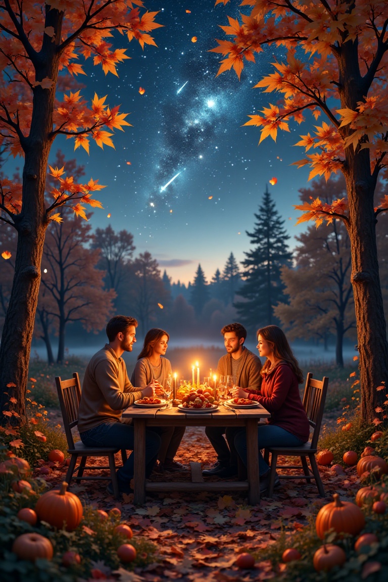 A serene Thanksgiving day scene captures a family gathered around a rustic table,  surrounded by a carpet of colorful leav...