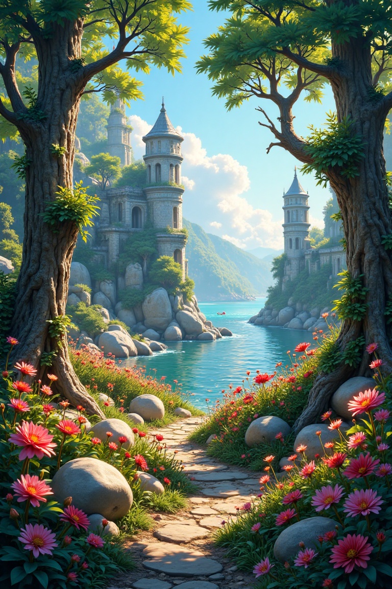 A captivating close-up in realcartoon style reveals an ancient isle,  where lush foliage bursts from weathered tree trunks...