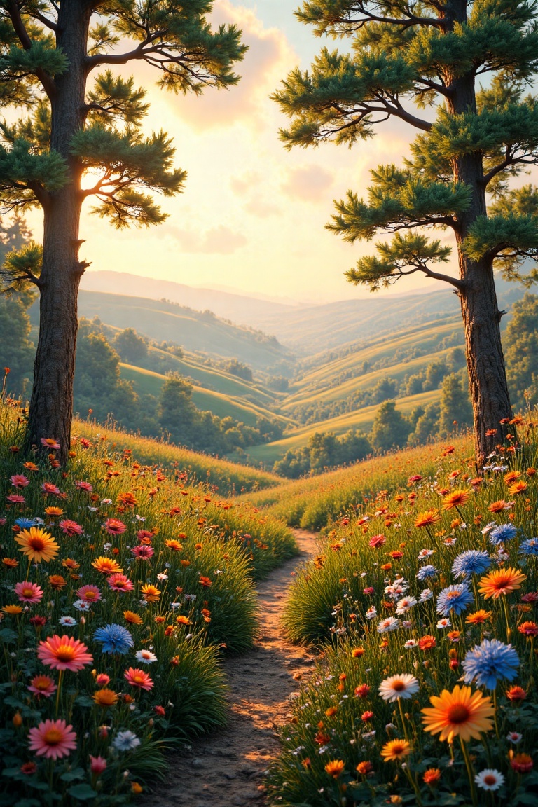 A serene landscape unfolds: a gentle wind whispers through a vibrant meadow,  where colourful wildflowers sway in harmony....