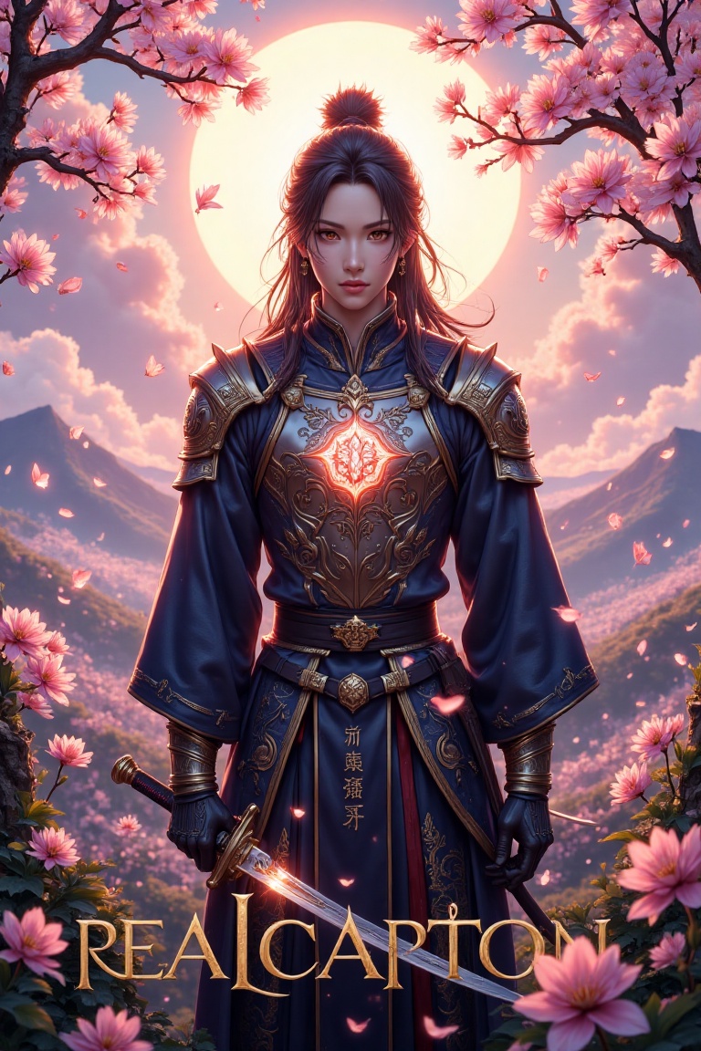 Realcarton,  A heroic figure known as Sakura Guardian stands majestically on a serene hilltop,  1 25Y girl surrounded by b...