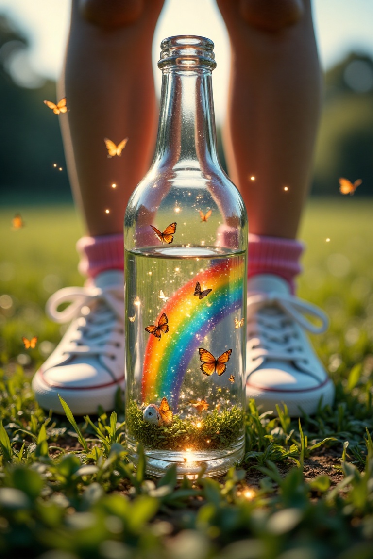A mesmerizing close-up shot frames an open glass bottle on a lush green lawn,  filled with a radiant rainbow surrounded by...