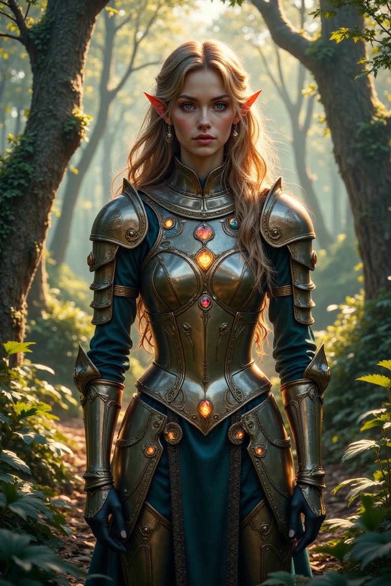 An elf woman in medieval armor stands elegantly in a dense forest,  her armor adorned with sparkling gemstones that catch...