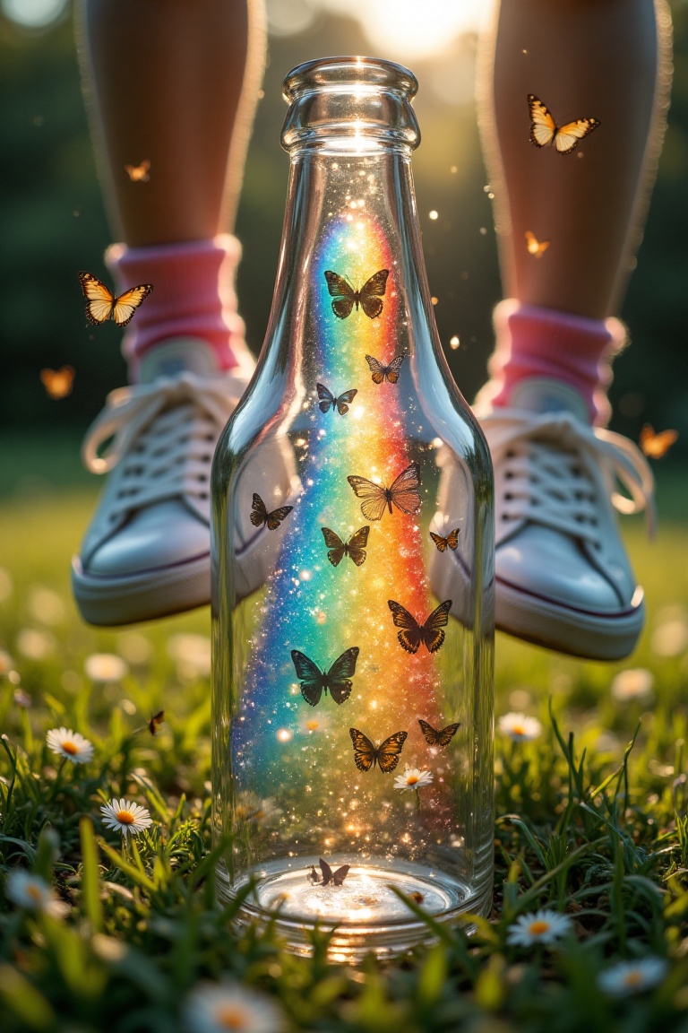 A mesmerizing close-up shot frames an open glass bottle on a lush green lawn,  filled with a radiant rainbow surrounded by...