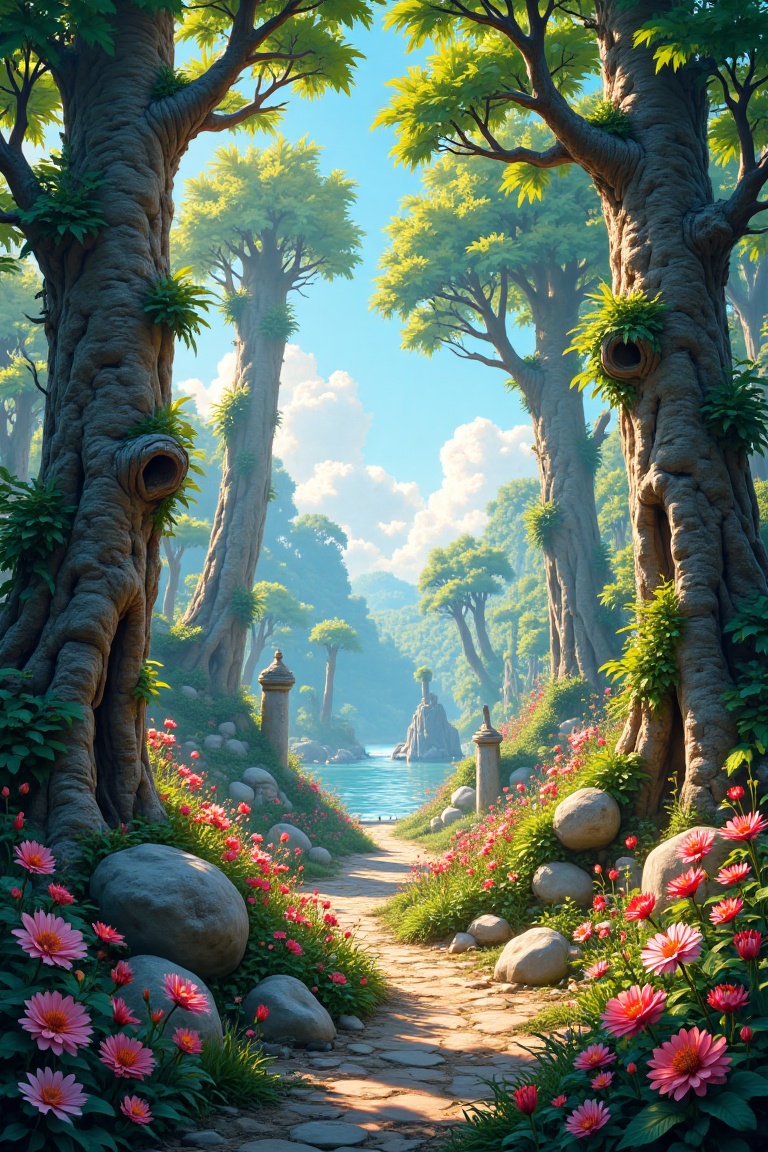 A captivating close-up in realcartoon style reveals an ancient isle,  where lush foliage bursts from weathered tree trunks...