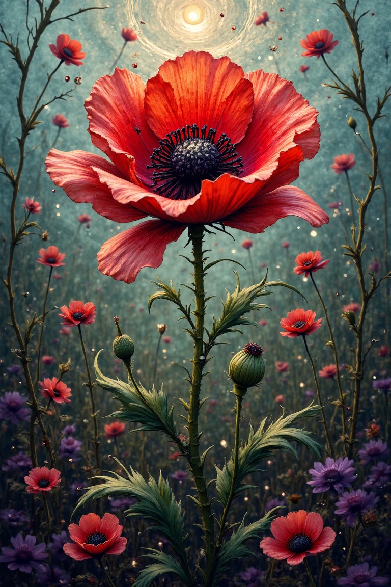 In a swirling vortex of color and chaos,  a vivid red poppy with intricate black detailing rises from the background. Soft...