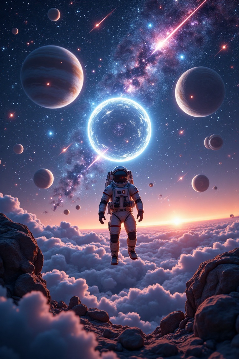 A realcartoon scene captures an astronaut floating in space,  surrounded by a dazzling meteor shower. The astronaut is fra...